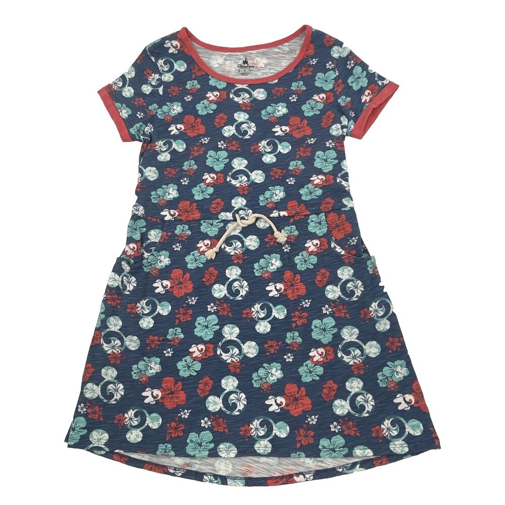 Disney Parks Dress Floral Womens M Blue Mickey Minnie Mouse Hibiscus Tie Waist